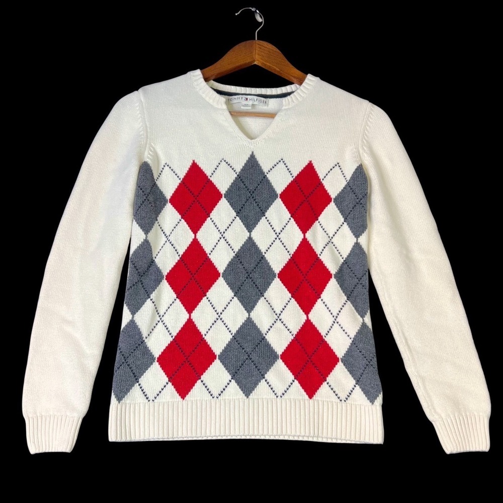 Tommy Hilfiger Women Argyle V-Neck Sweater Small White Red Grey Preppy Old Money